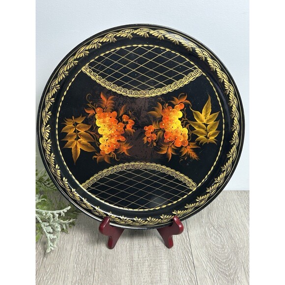 Vintage Russian Round Metal Tray Hand Painted Floral Design Decorative 12.5” - Picture 1 of 7